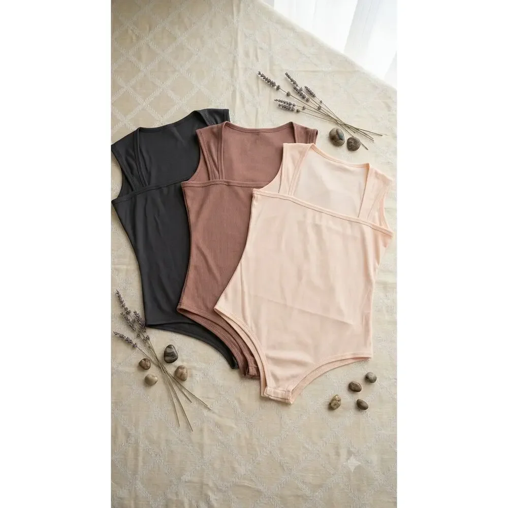 Bundle of 3 Ribbed Square-Neck Bodysuits (Nude, Mocha & Black) - Size XXL